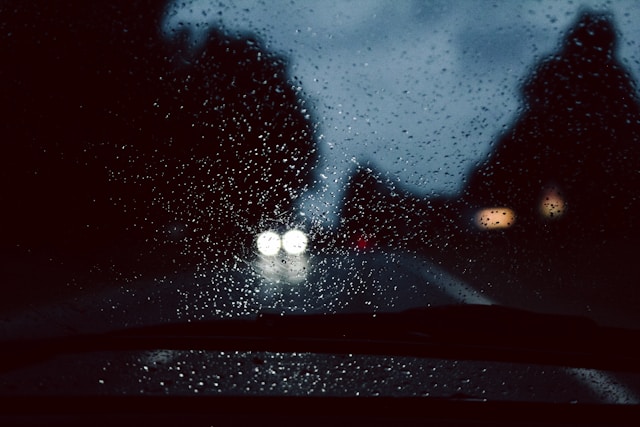 夜 雨 ライトを付け走る車